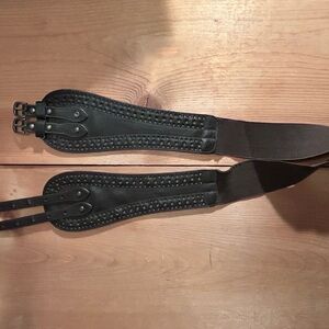 Wide Elastic Waist Belt Brown Faux Leather Double Buckle S M